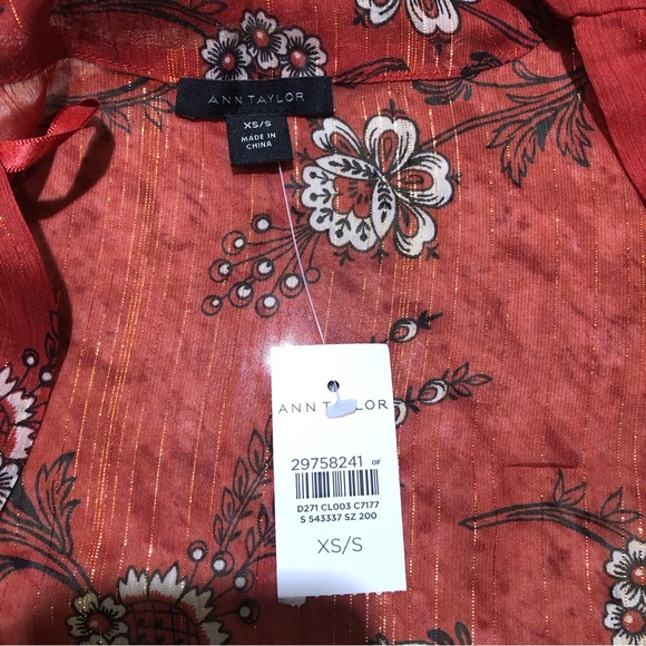 Ann Taylor Striped Floral w/Metallic Detail Kimono Open Front Light Redwood XS/S - Picture 6 of 8